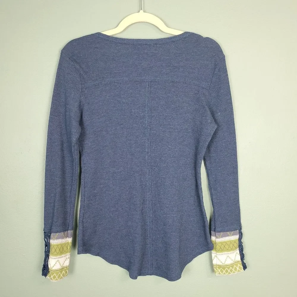 Altar'd State Thermal Henley Long Sleeve Blue Tee Size Large